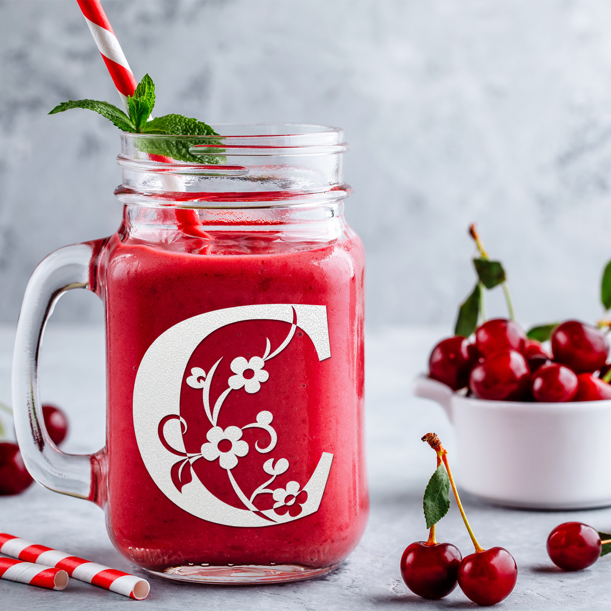  Monogram Floral Initial Letter C Etched on 16 oz Mason Jar Glass