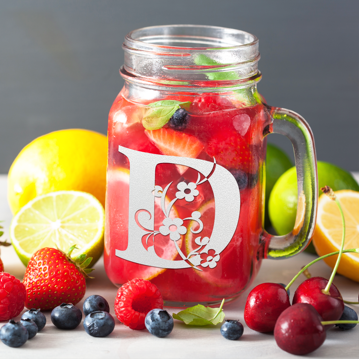  Monogram Floral Initial Letter D Etched on 16 oz Mason Jar Glass