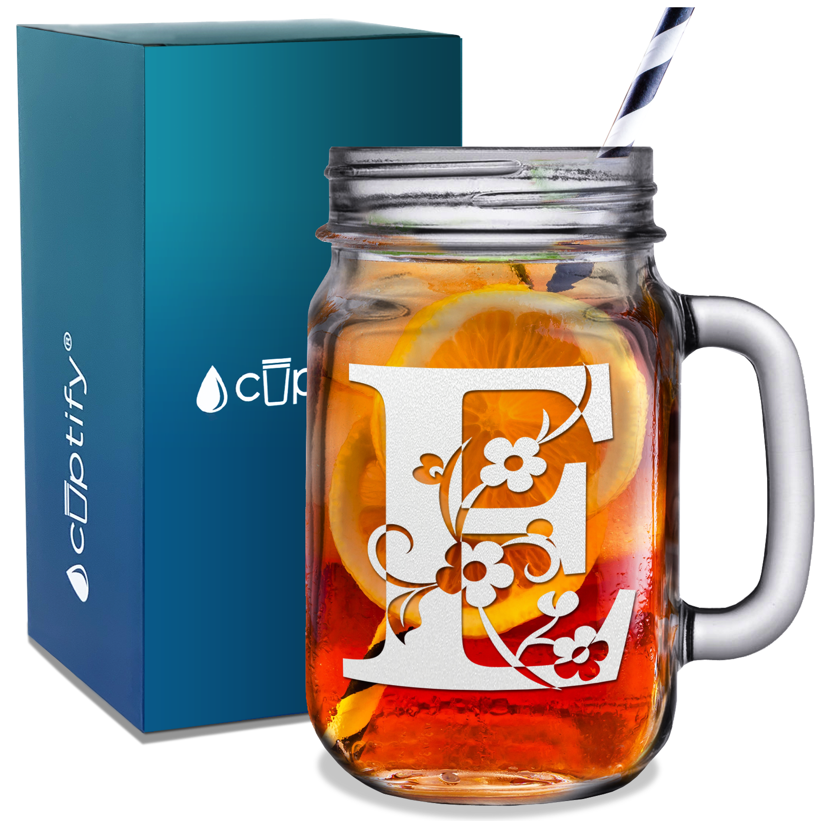  Monogram Floral Initial Letter E Etched on 16 oz Mason Jar Glass