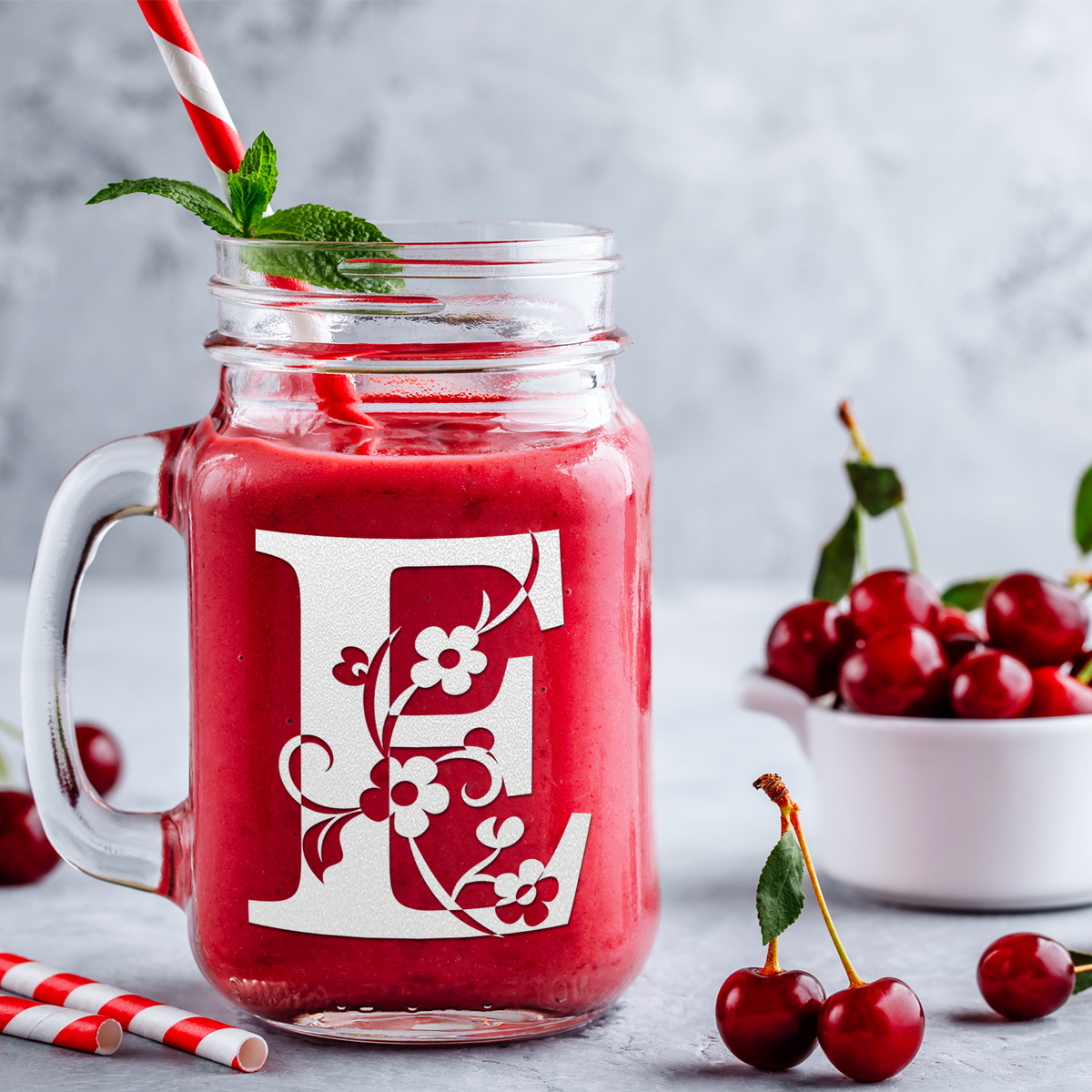  Monogram Floral Initial Letter E Etched on 16 oz Mason Jar Glass