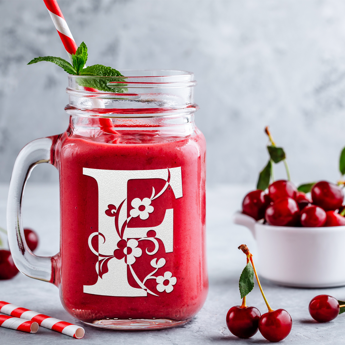  Monogram Floral Initial Letter F Etched on 16 oz Mason Jar Glass