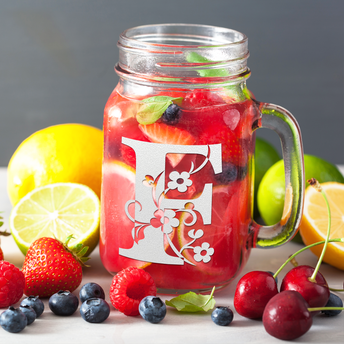  Monogram Floral Initial Letter F Etched on 16 oz Mason Jar Glass