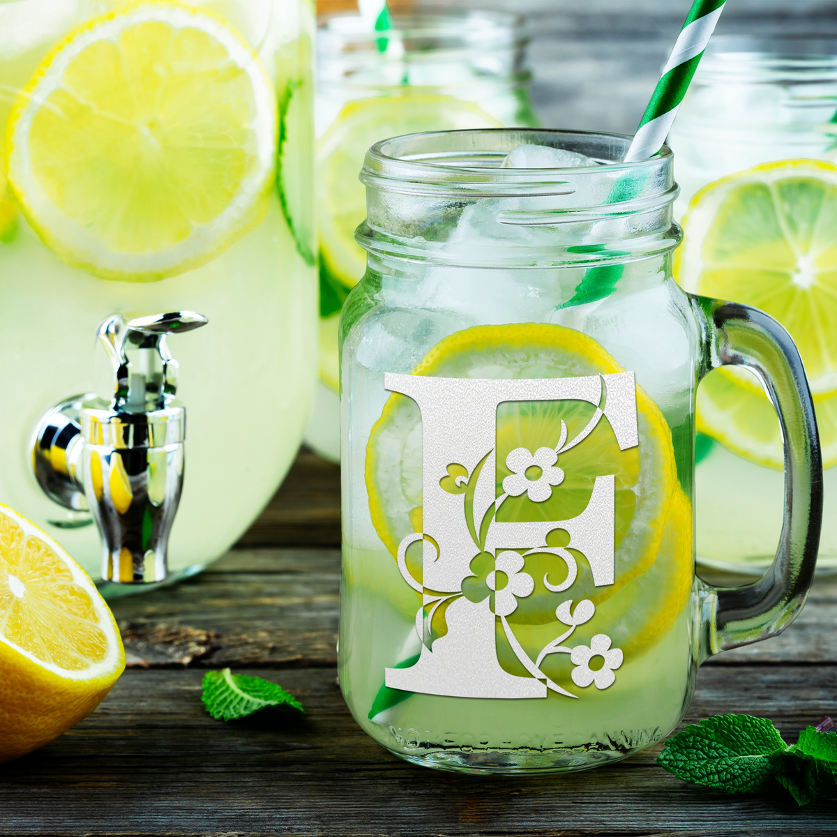  Monogram Floral Initial Letter F Etched on 16 oz Mason Jar Glass