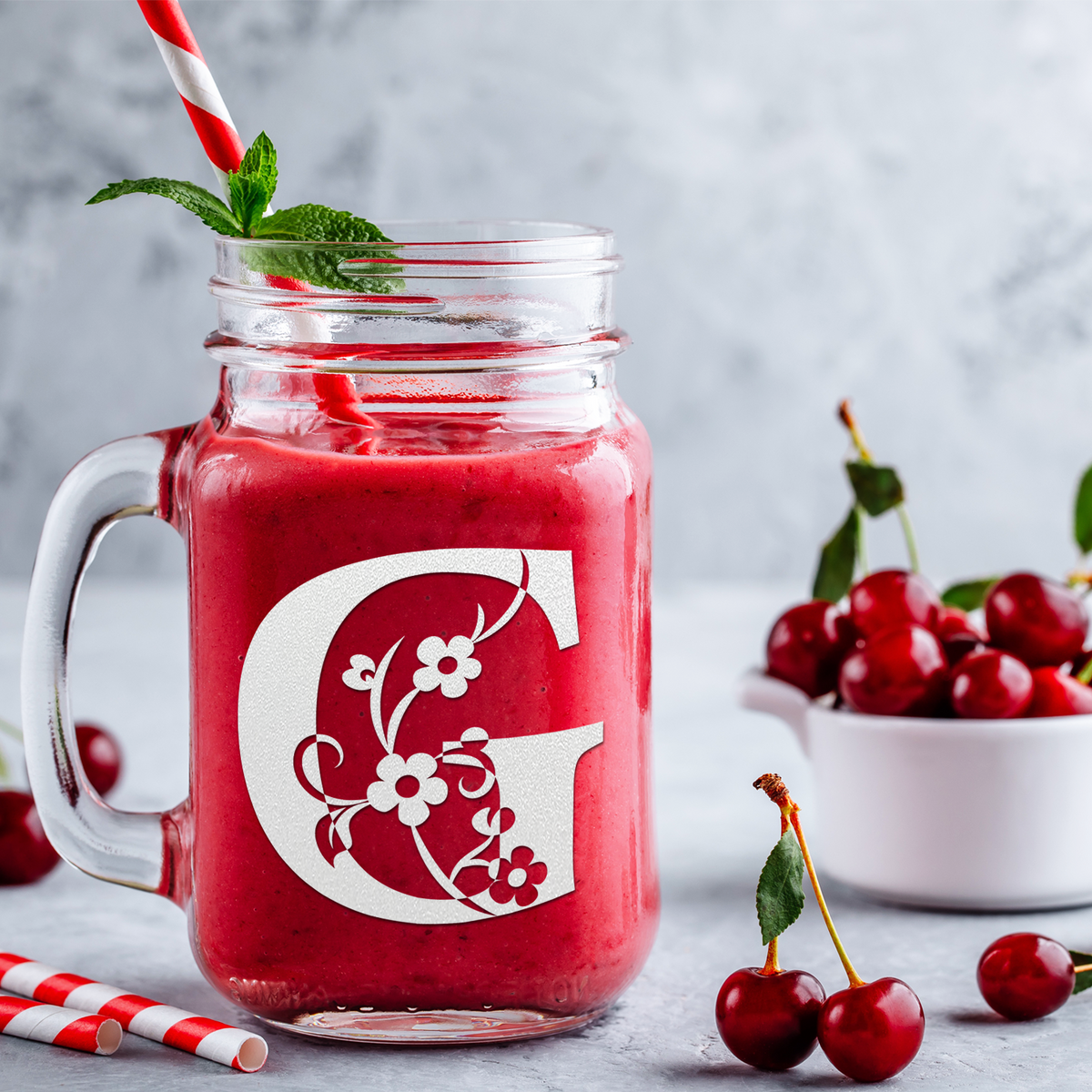  Monogram Floral Initial Letter G Etched on 16 oz Mason Jar Glass