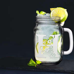  Monogram Floral Initial Letter H Etched on 16 oz Mason Jar Glass