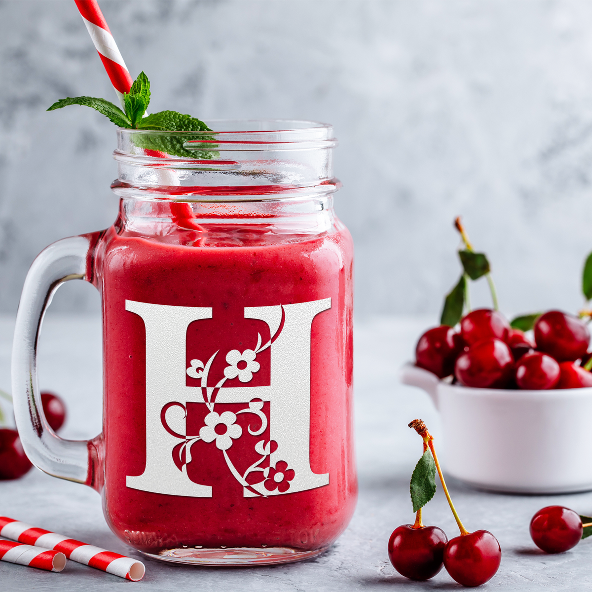  Monogram Floral Initial Letter H Etched on 16 oz Mason Jar Glass