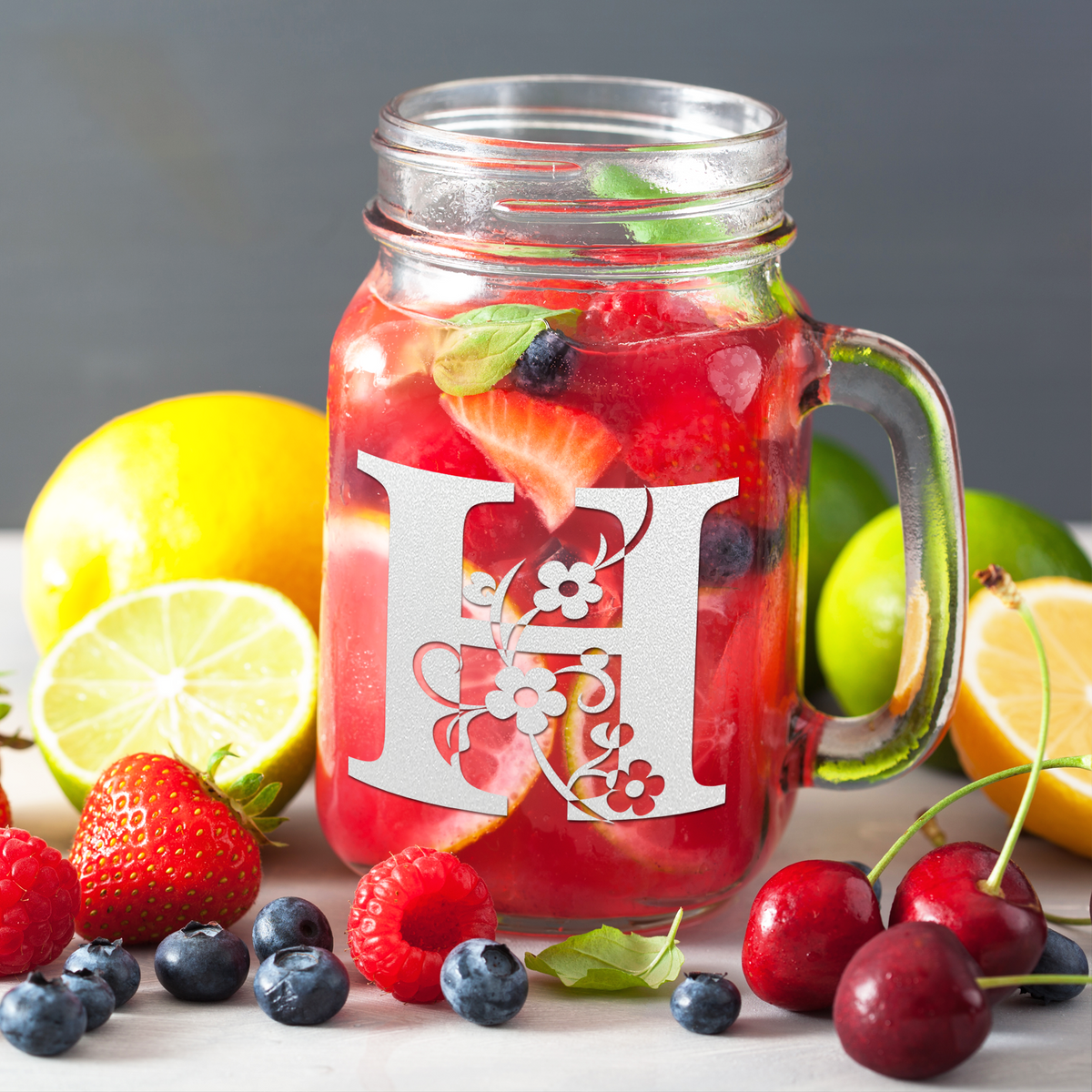  Monogram Floral Initial Letter H Etched on 16 oz Mason Jar Glass