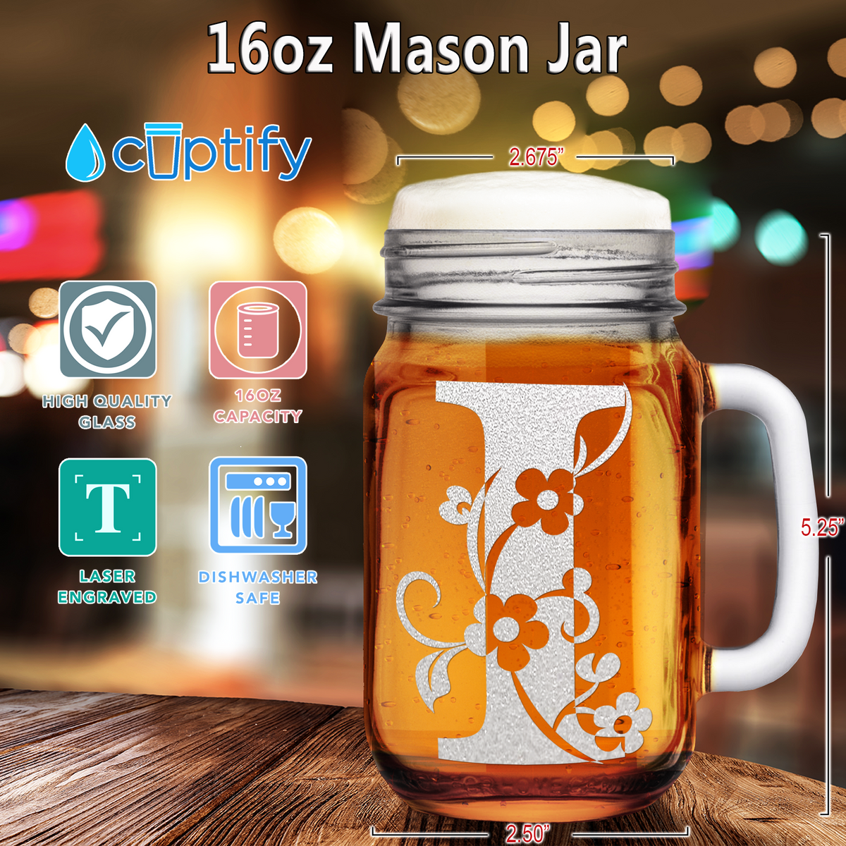  Monogram Floral Initial Letter I Etched on 16 oz Mason Jar Glass