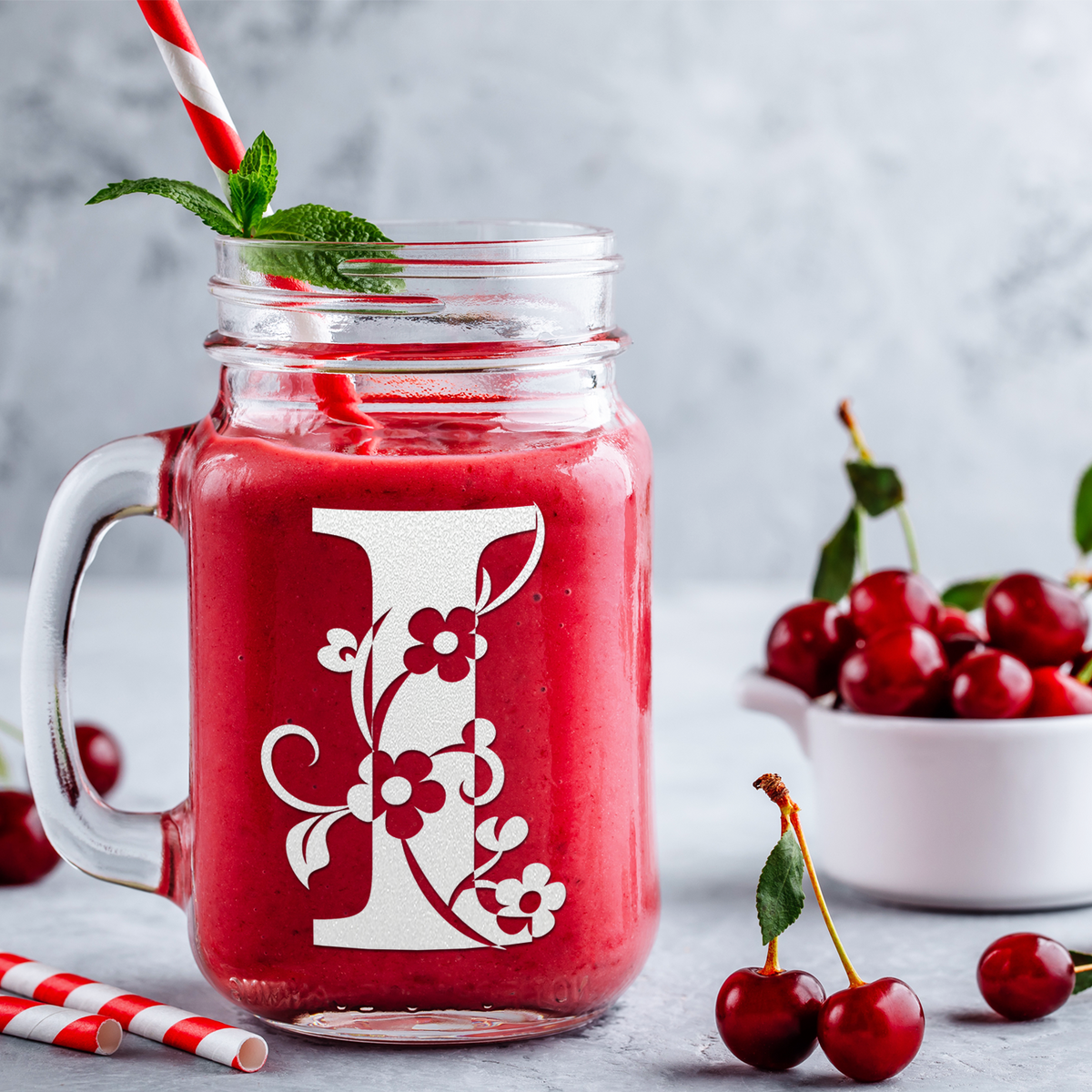  Monogram Floral Initial Letter I Etched on 16 oz Mason Jar Glass