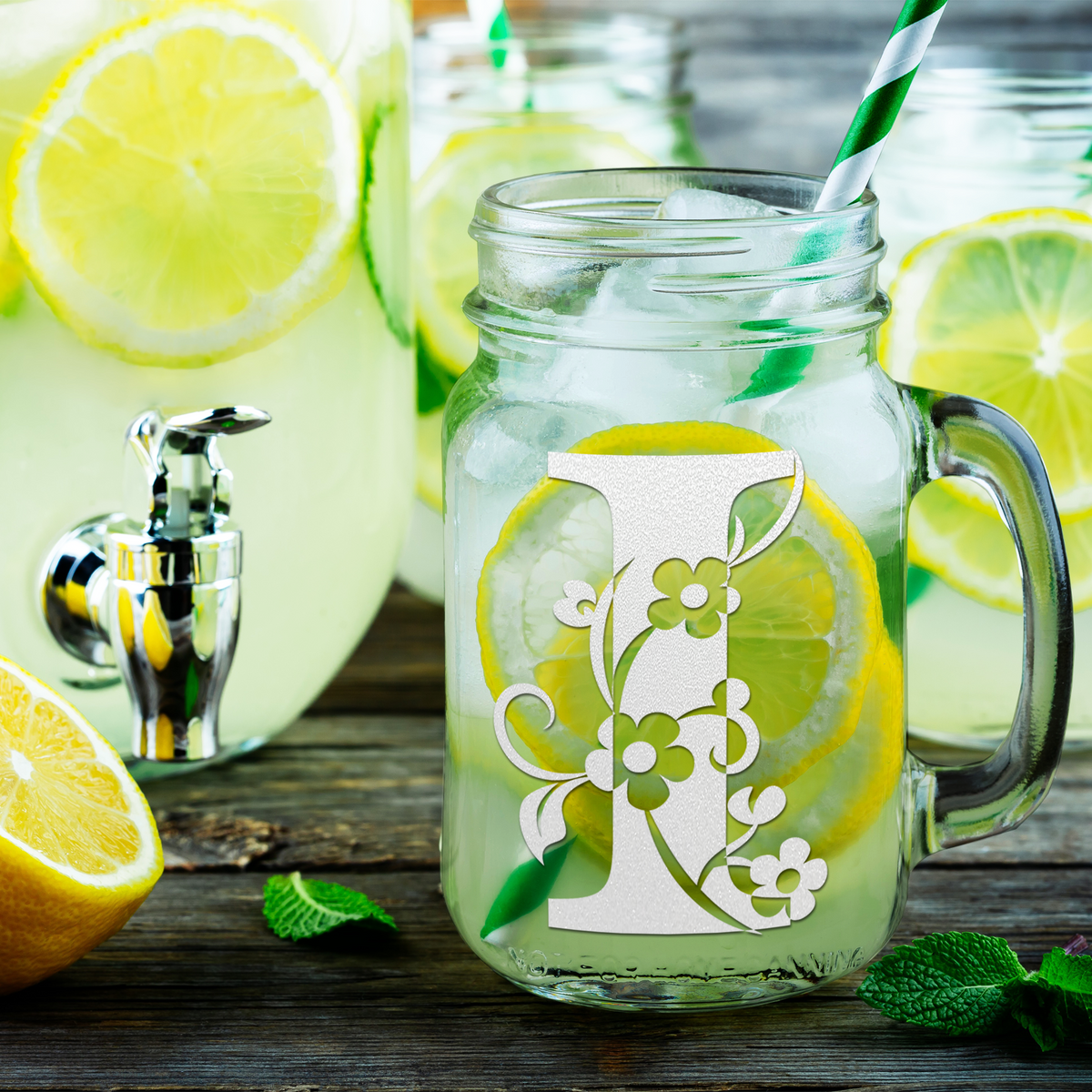  Monogram Floral Initial Letter I Etched on 16 oz Mason Jar Glass
