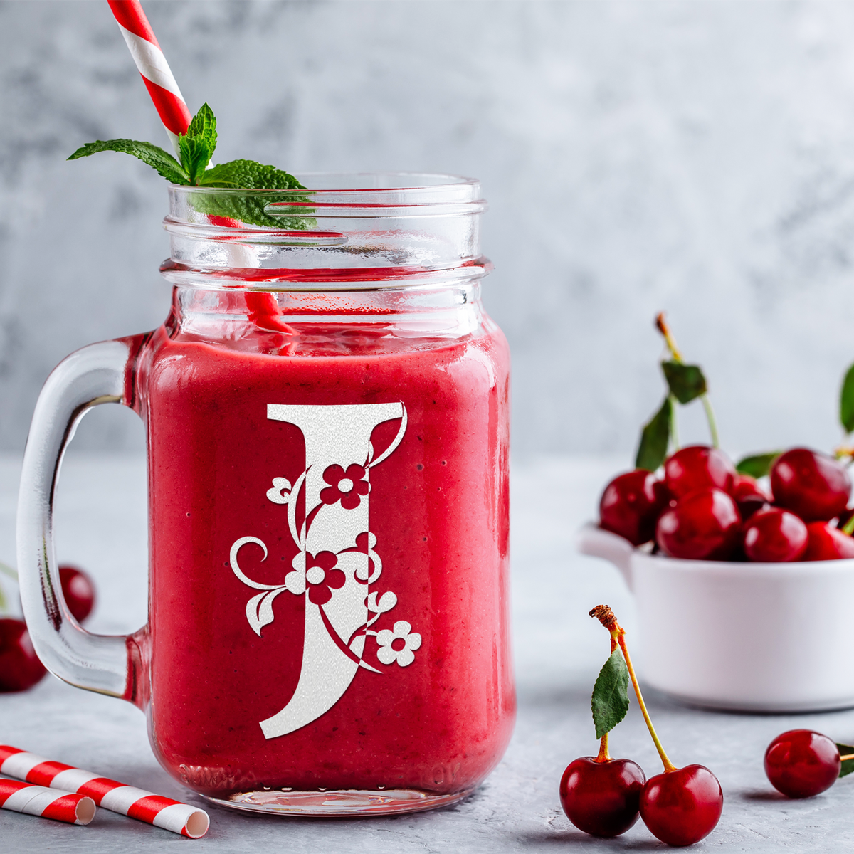  Monogram Floral Initial Letter J Etched on 16 oz Mason Jar Glass