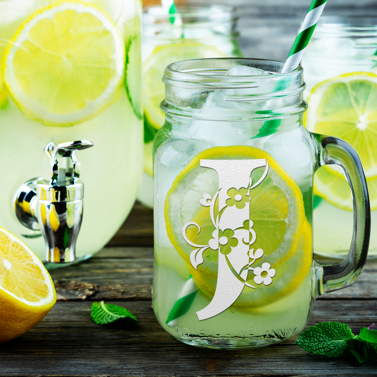  Monogram Floral Initial Letter J Etched on 16 oz Mason Jar Glass