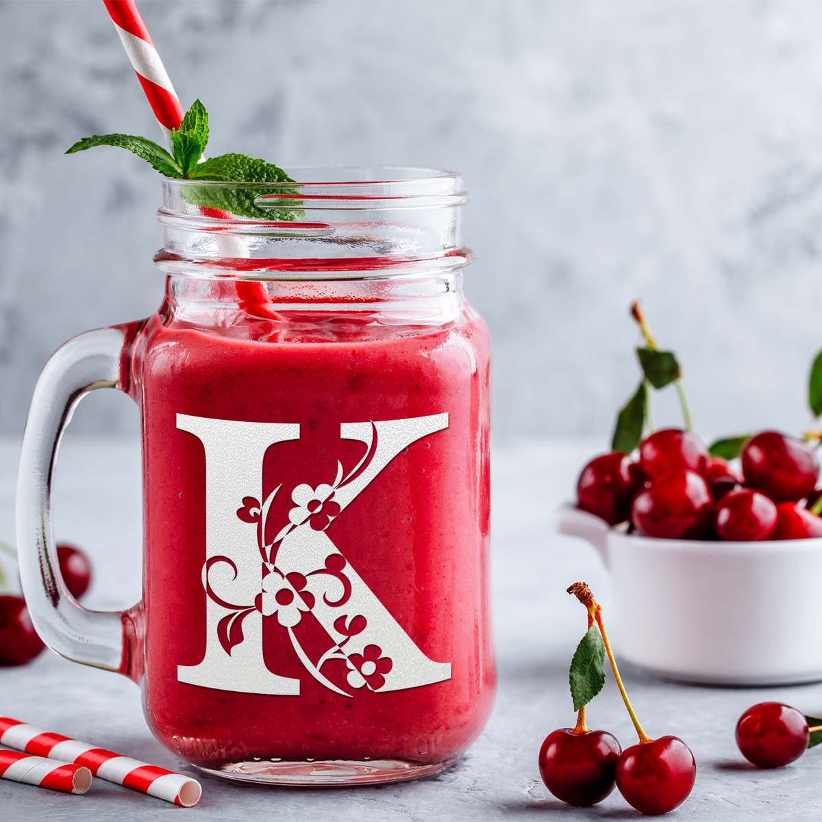  Monogram Floral Initial Letter K Etched on 16 oz Mason Jar Glass