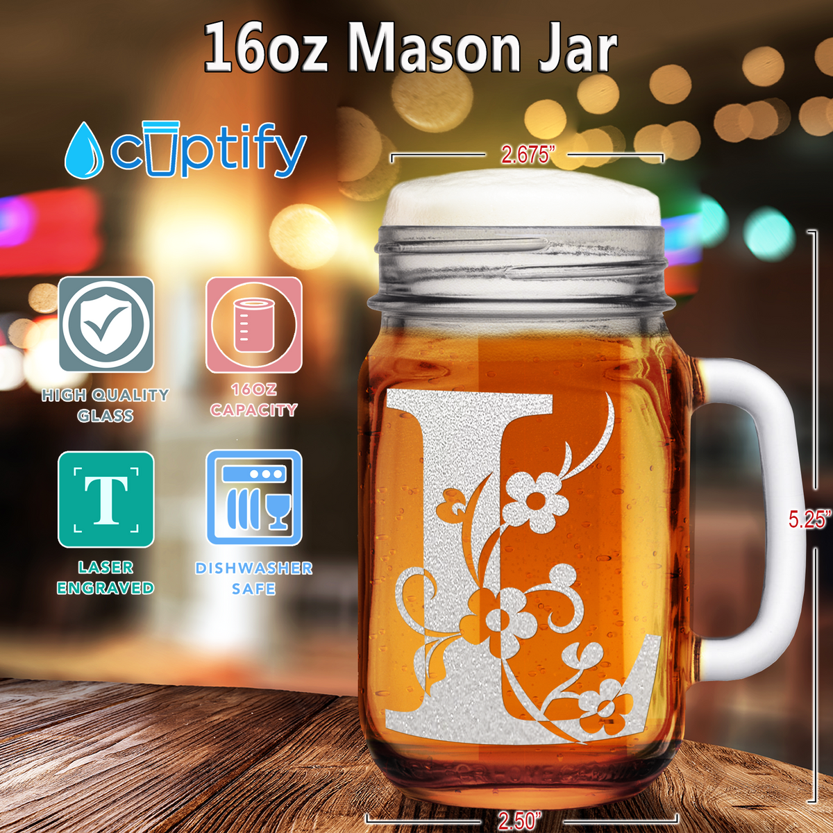  Monogram Floral Initial Letter L Etched on 16 oz Mason Jar Glass