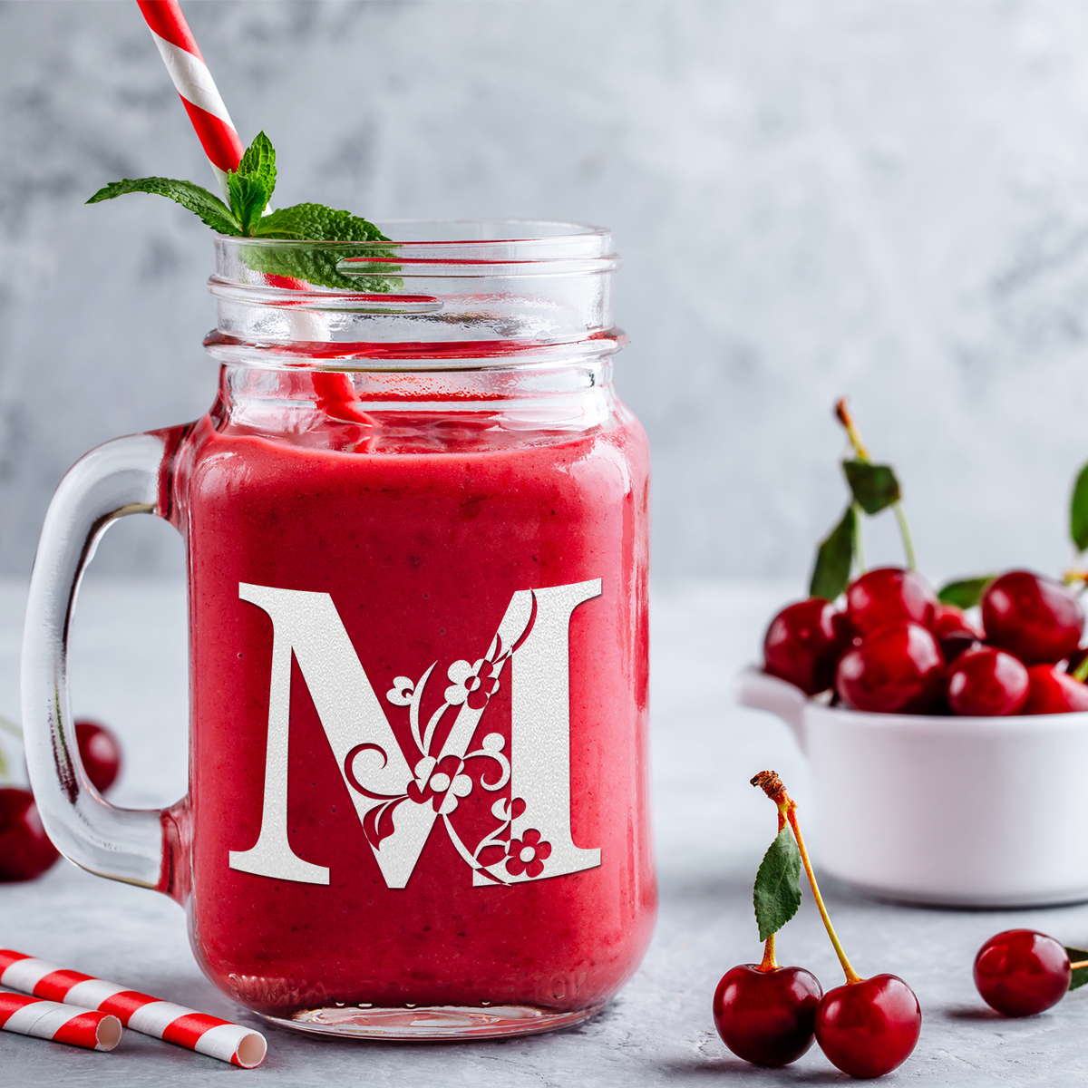  Monogram Floral Initial Letter M Etched on 16 oz Mason Jar Glass