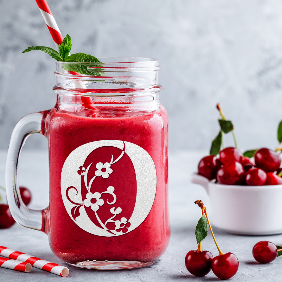  Monogram Floral Initial Letter O Etched on 16 oz Mason Jar Glass