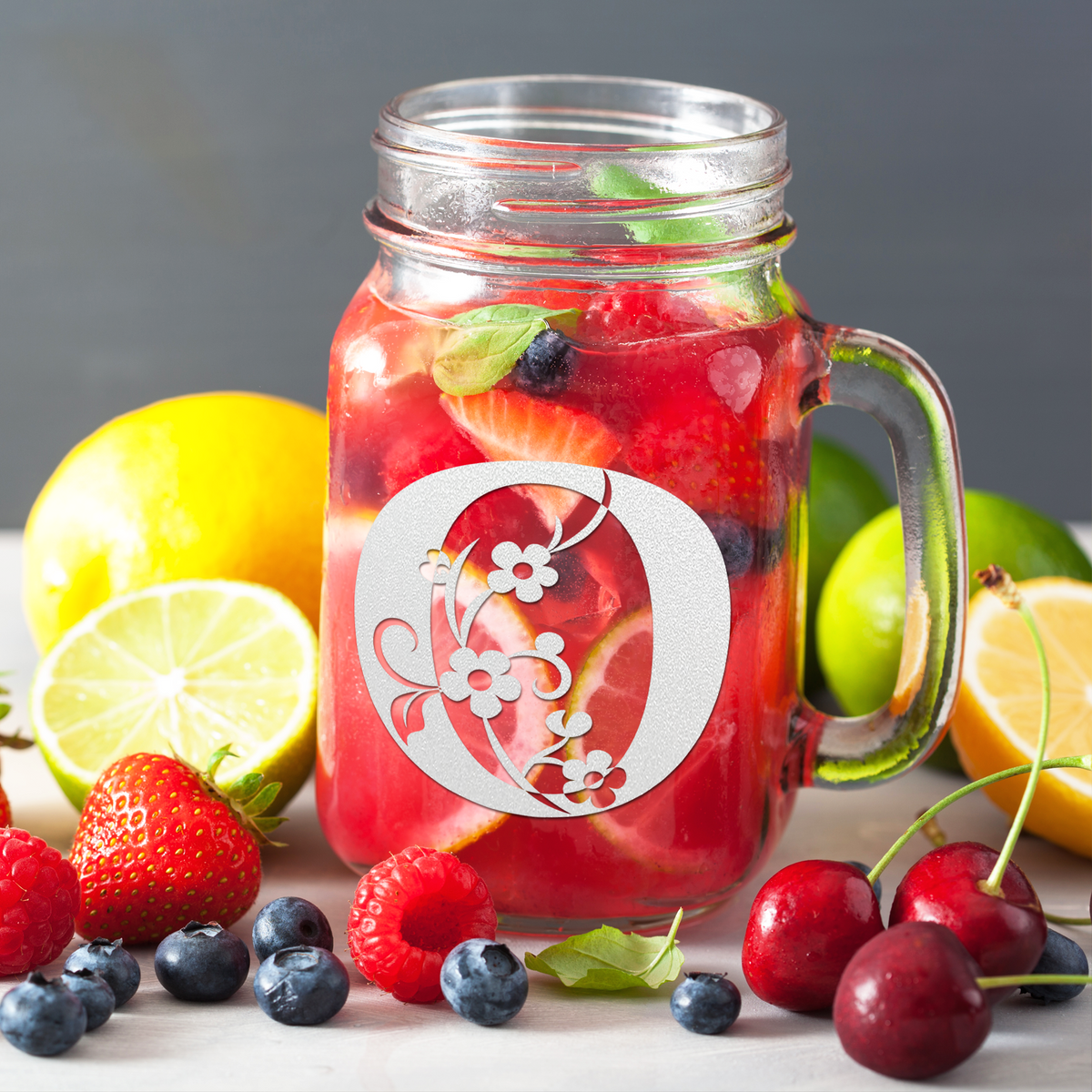 Monogram Floral Initial Letter O Etched on 16 oz Mason Jar Glass