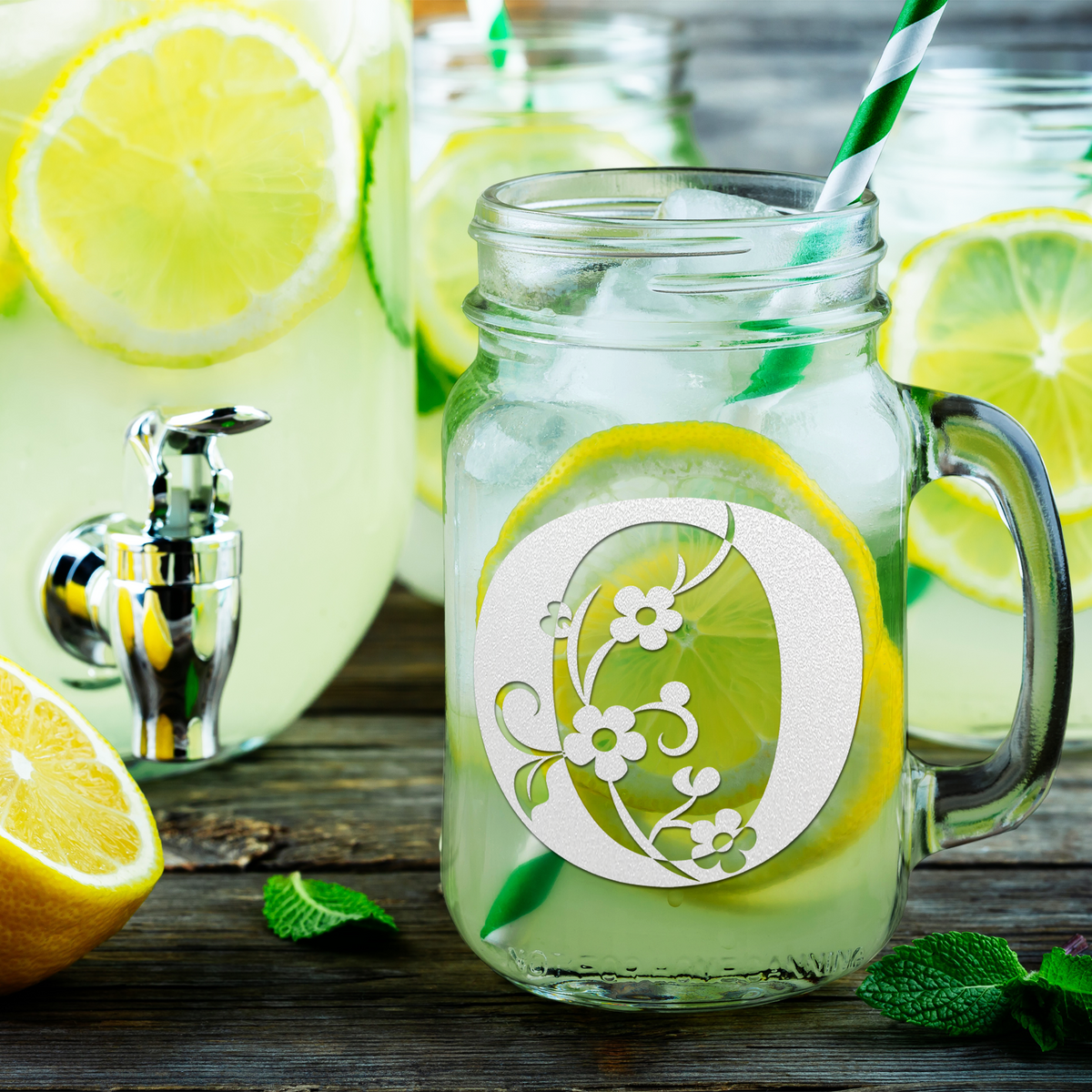  Monogram Floral Initial Letter O Etched on 16 oz Mason Jar Glass