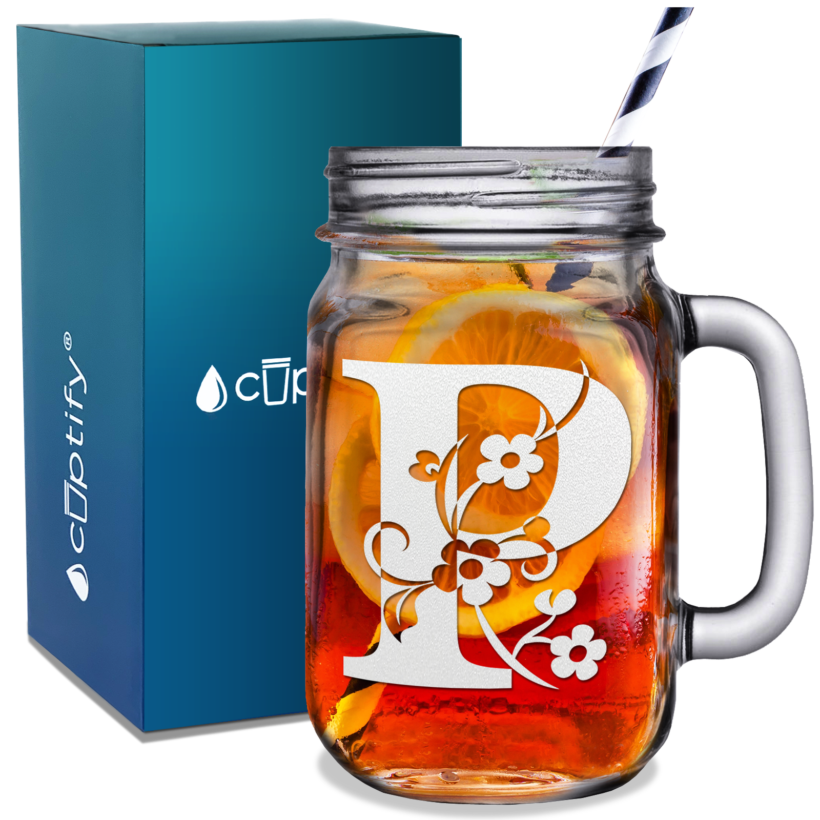  Monogram Floral Initial Letter P Etched on 16 oz Mason Jar Glass