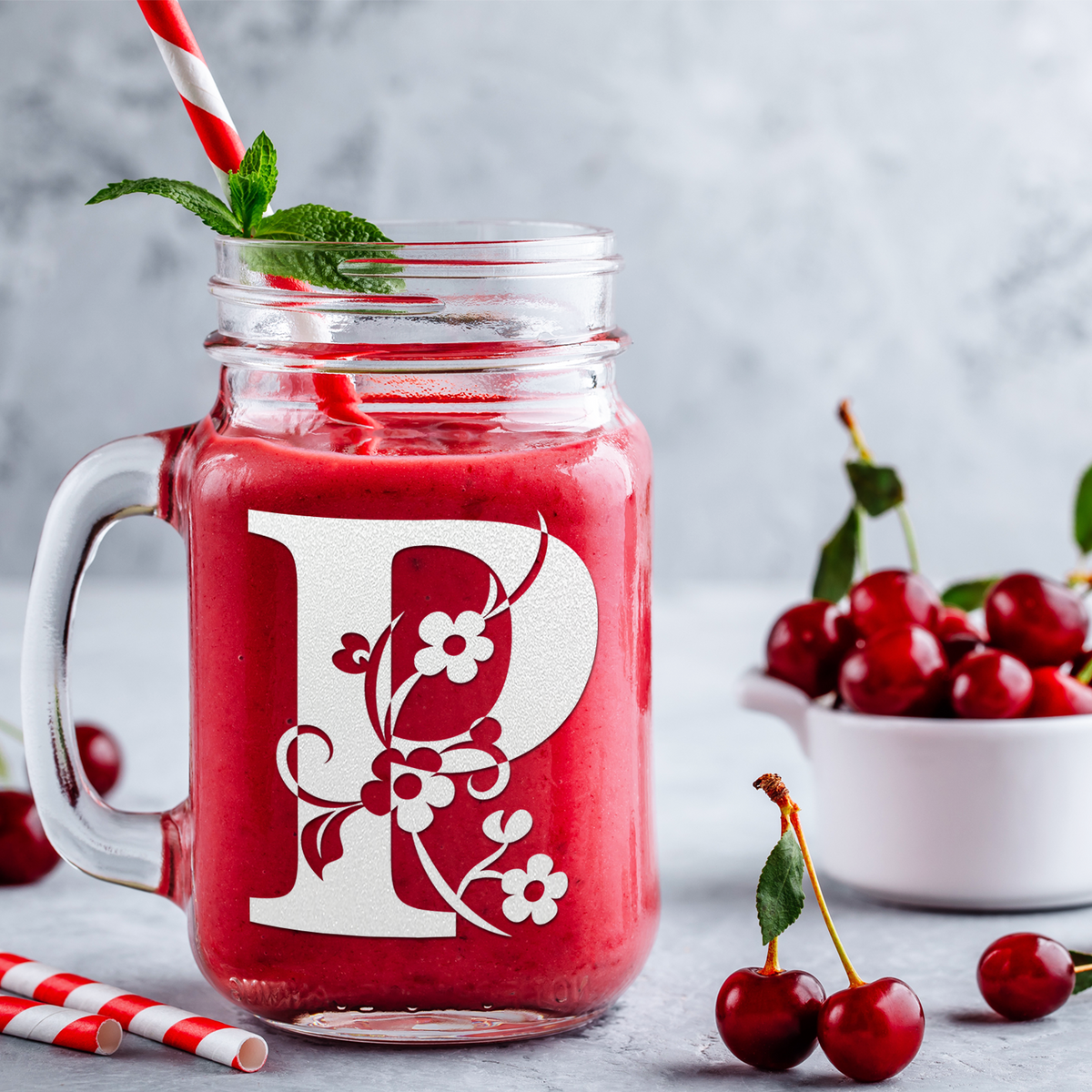  Monogram Floral Initial Letter P Etched on 16 oz Mason Jar Glass