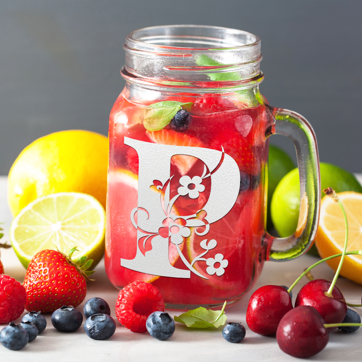  Monogram Floral Initial Letter P Etched on 16 oz Mason Jar Glass