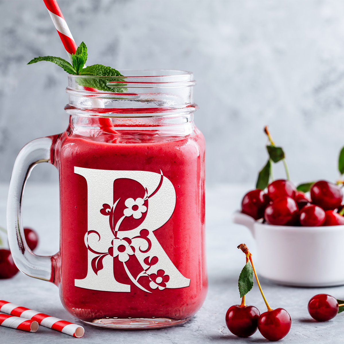  Monogram Floral Initial Letter R Etched on 16 oz Mason Jar Glass