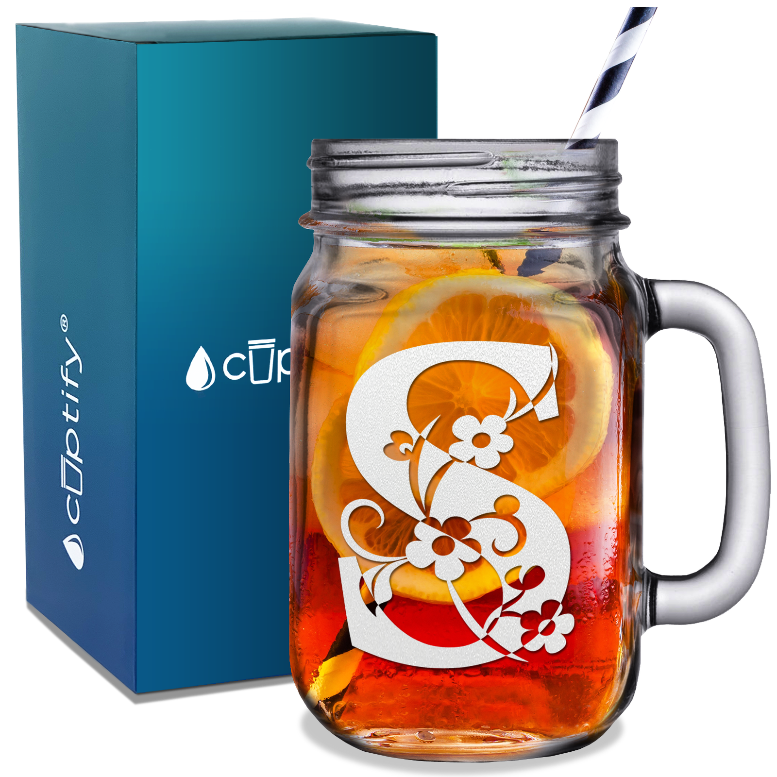  Monogram Floral Initial Letter S Etched on 16 oz Mason Jar Glass