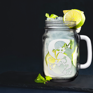  Monogram Floral Initial Letter S Etched on 16 oz Mason Jar Glass