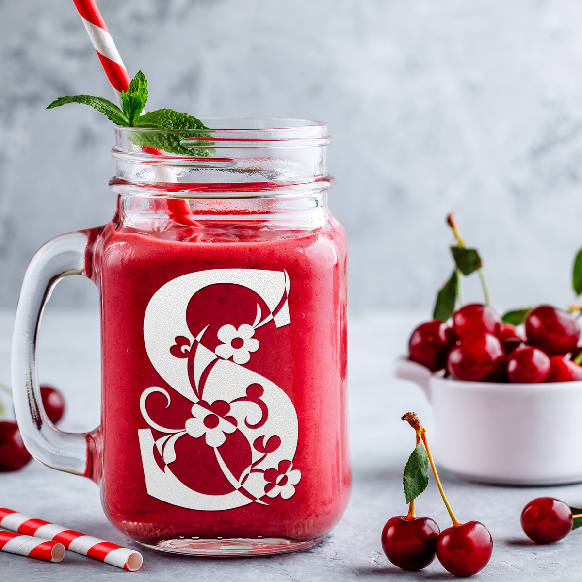  Monogram Floral Initial Letter S Etched on 16 oz Mason Jar Glass