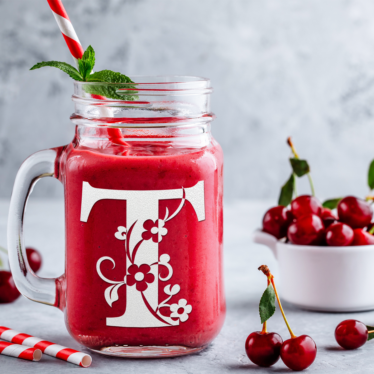  Monogram Floral Initial Letter T Etched on 16 oz Mason Jar Glass