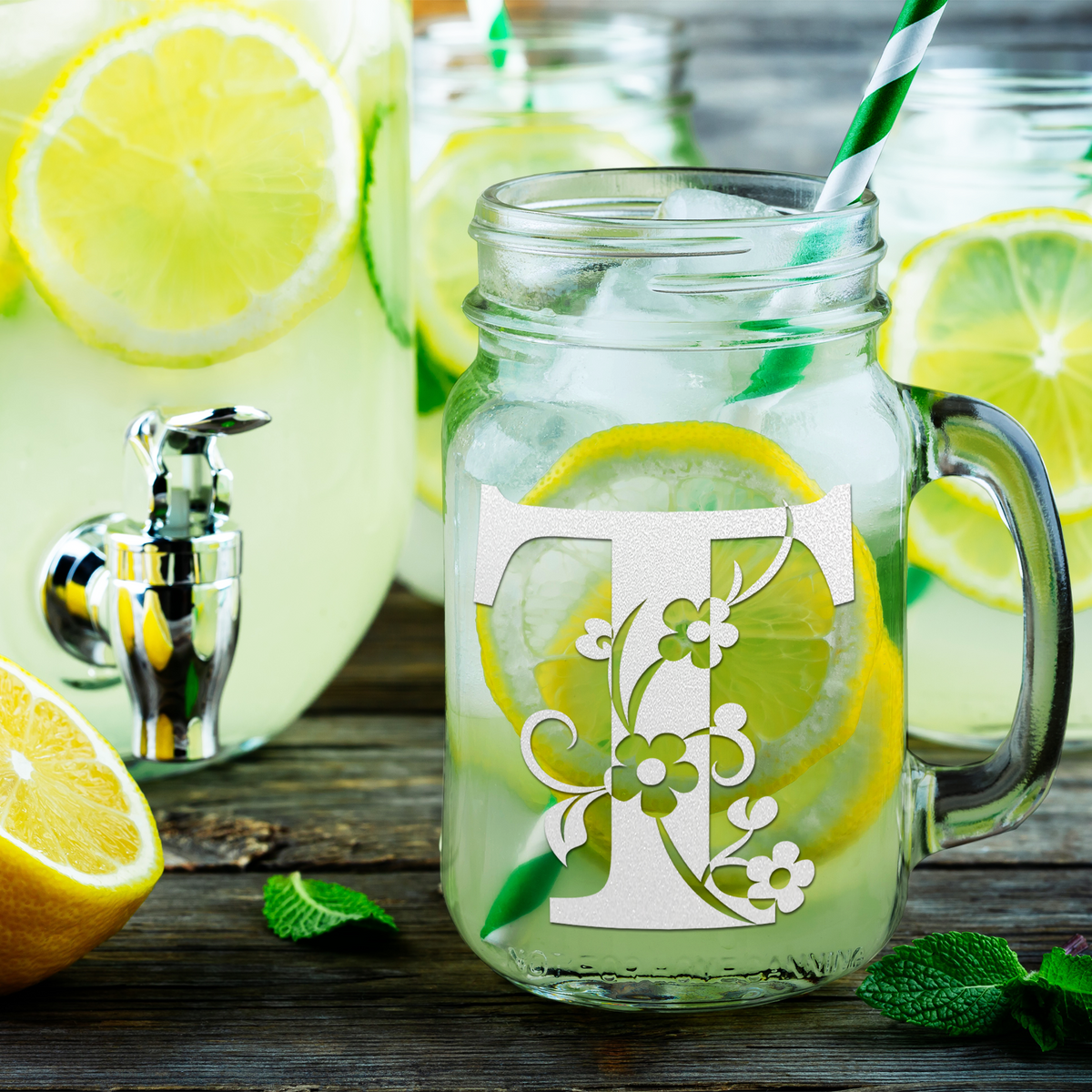  Monogram Floral Initial Letter T Etched on 16 oz Mason Jar Glass