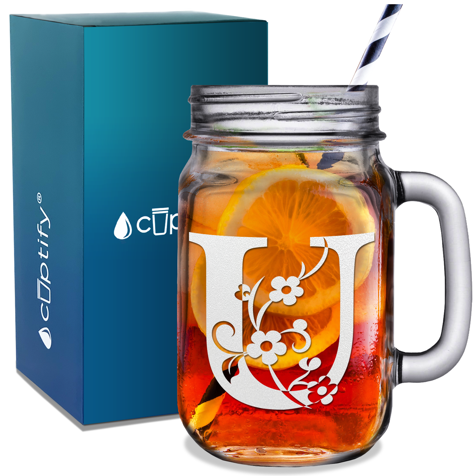  Monogram Floral Initial Letter U Etched on 16 oz Mason Jar Glass