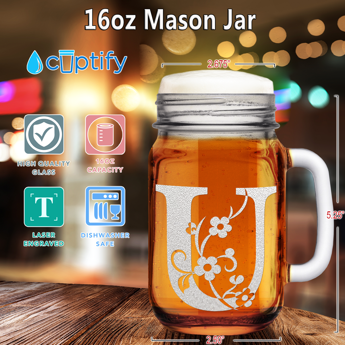  Monogram Floral Initial Letter U Etched on 16 oz Mason Jar Glass