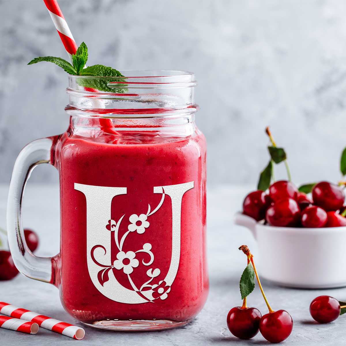  Monogram Floral Initial Letter U Etched on 16 oz Mason Jar Glass