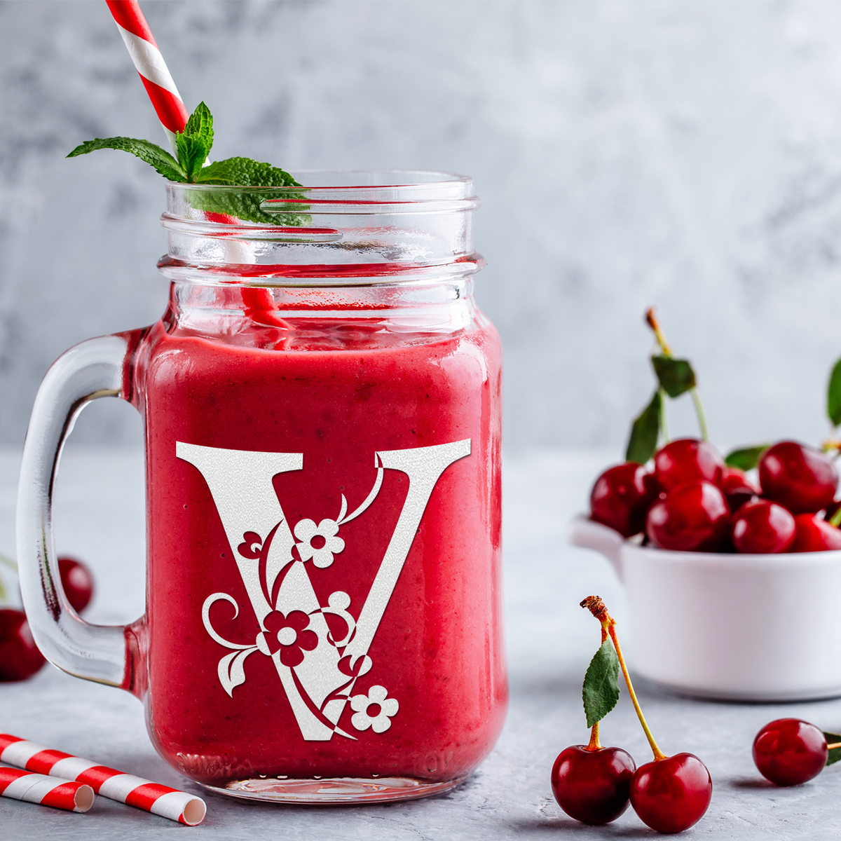  Monogram Floral Initial Letter V Etched on 16 oz Mason Jar Glass