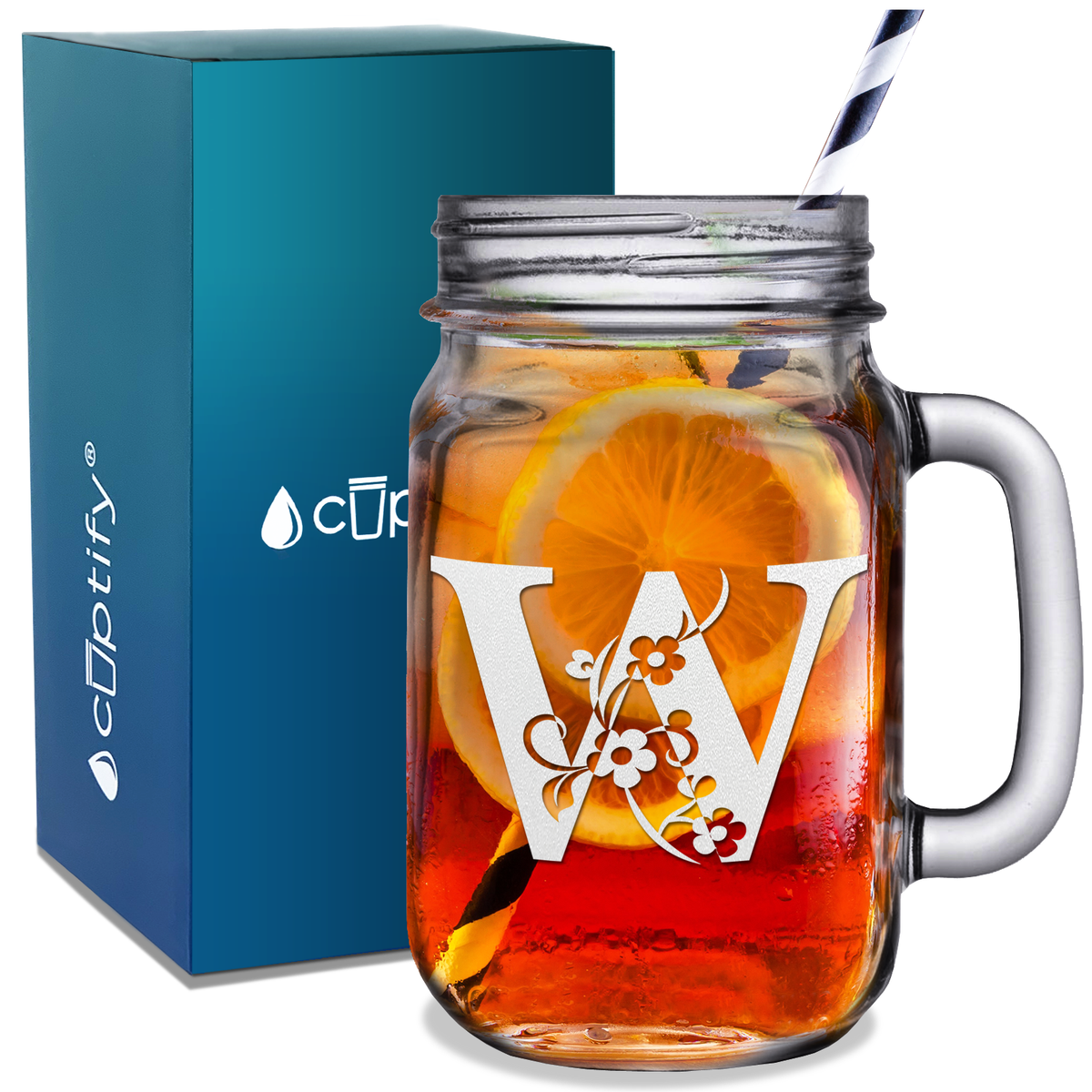  Monogram Floral Initial Letter W Etched on 16 oz Mason Jar Glass