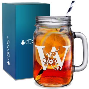  Monogram Floral Initial Letter W Etched on 16 oz Mason Jar Glass