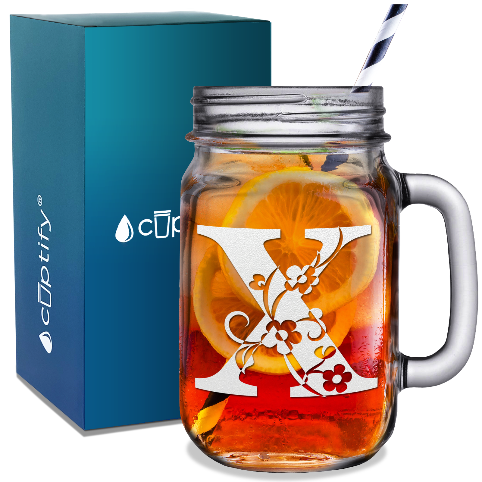  Monogram Floral Initial Letter X Etched on 16 oz Mason Jar Glass