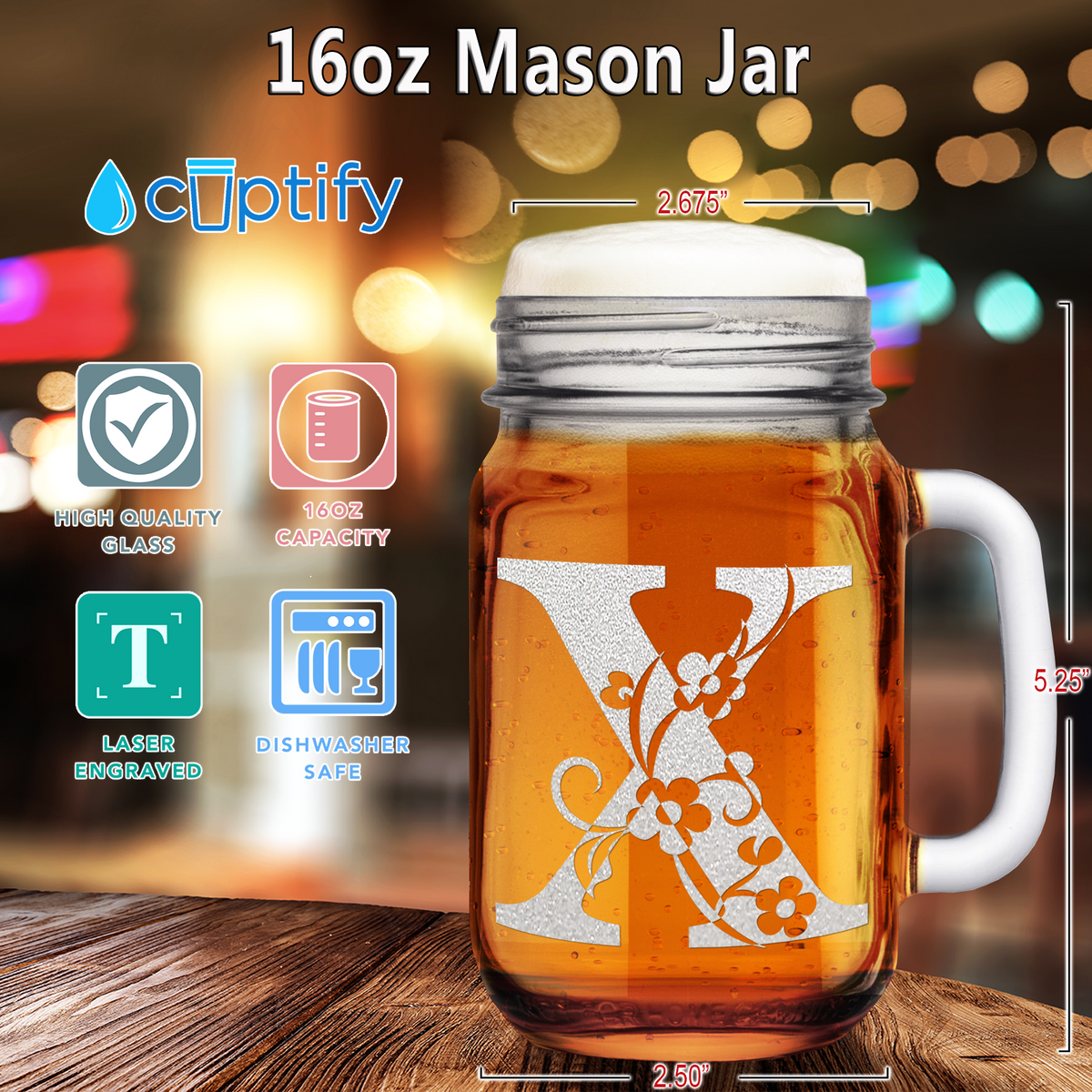  Monogram Floral Initial Letter X Etched on 16 oz Mason Jar Glass