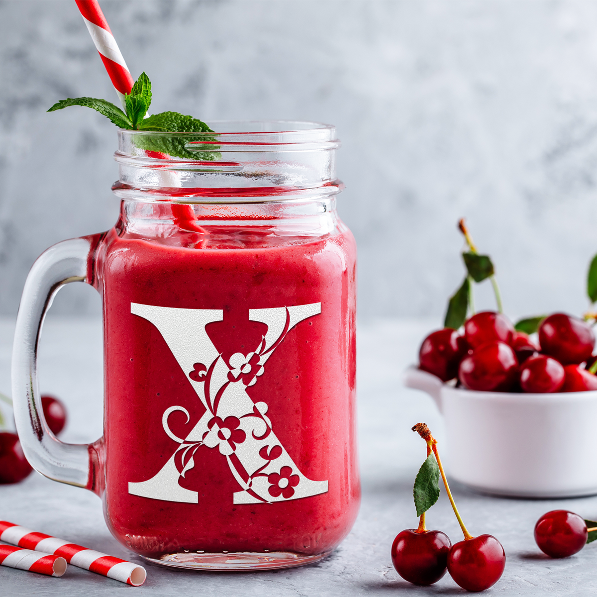  Monogram Floral Initial Letter X Etched on 16 oz Mason Jar Glass