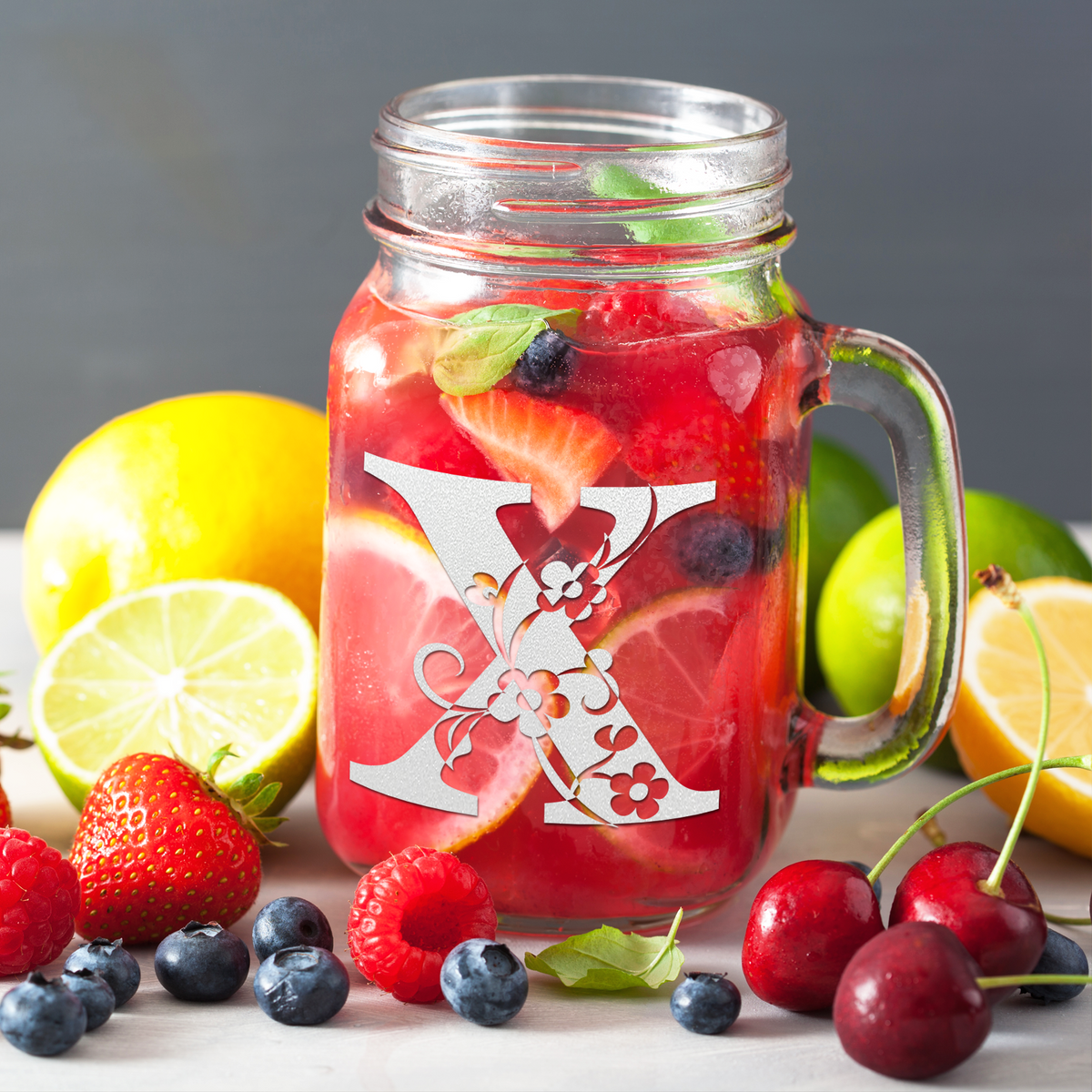  Monogram Floral Initial Letter X Etched on 16 oz Mason Jar Glass