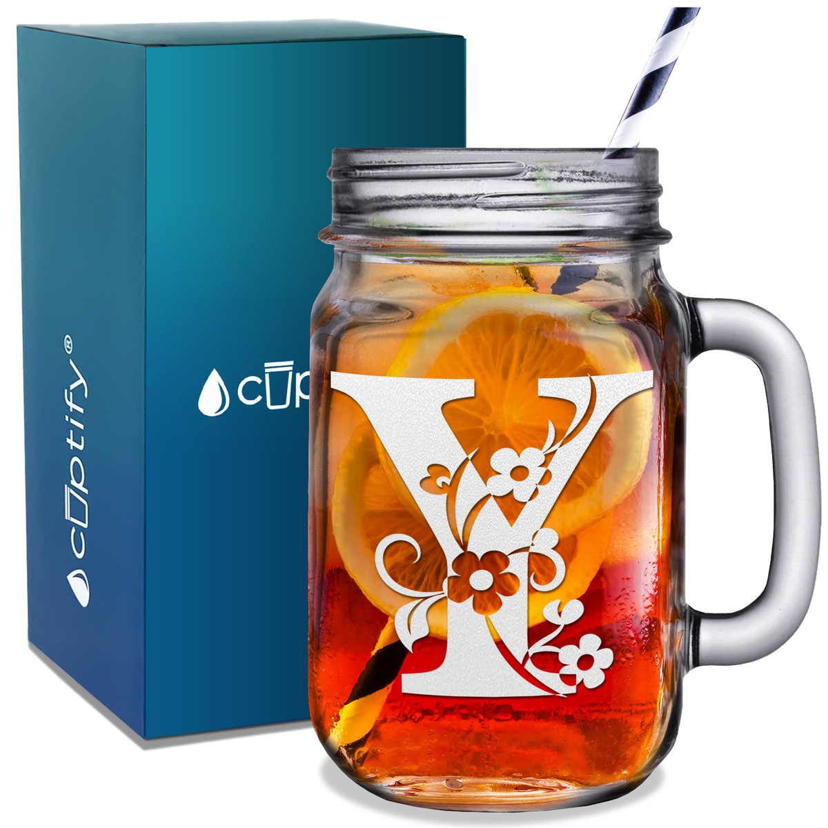  Monogram Floral Initial Letter Y Etched on 16 oz Mason Jar Glass