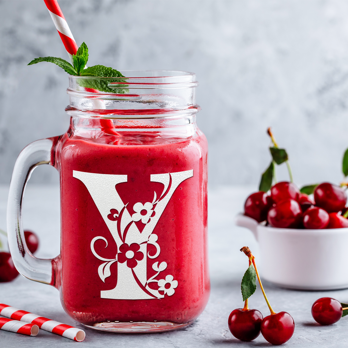  Monogram Floral Initial Letter Y Etched on 16 oz Mason Jar Glass