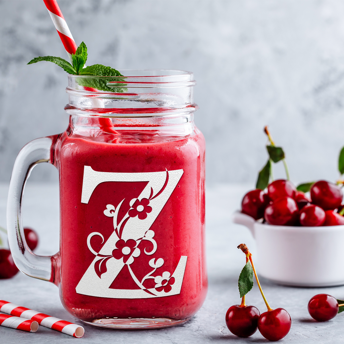  Monogram Floral Initial Letter Z Etched on 16 oz Mason Jar Glass