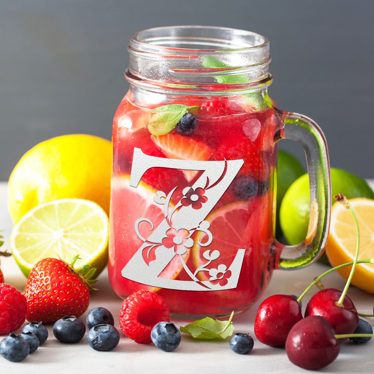  Monogram Floral Initial Letter Z Etched on 16 oz Mason Jar Glass