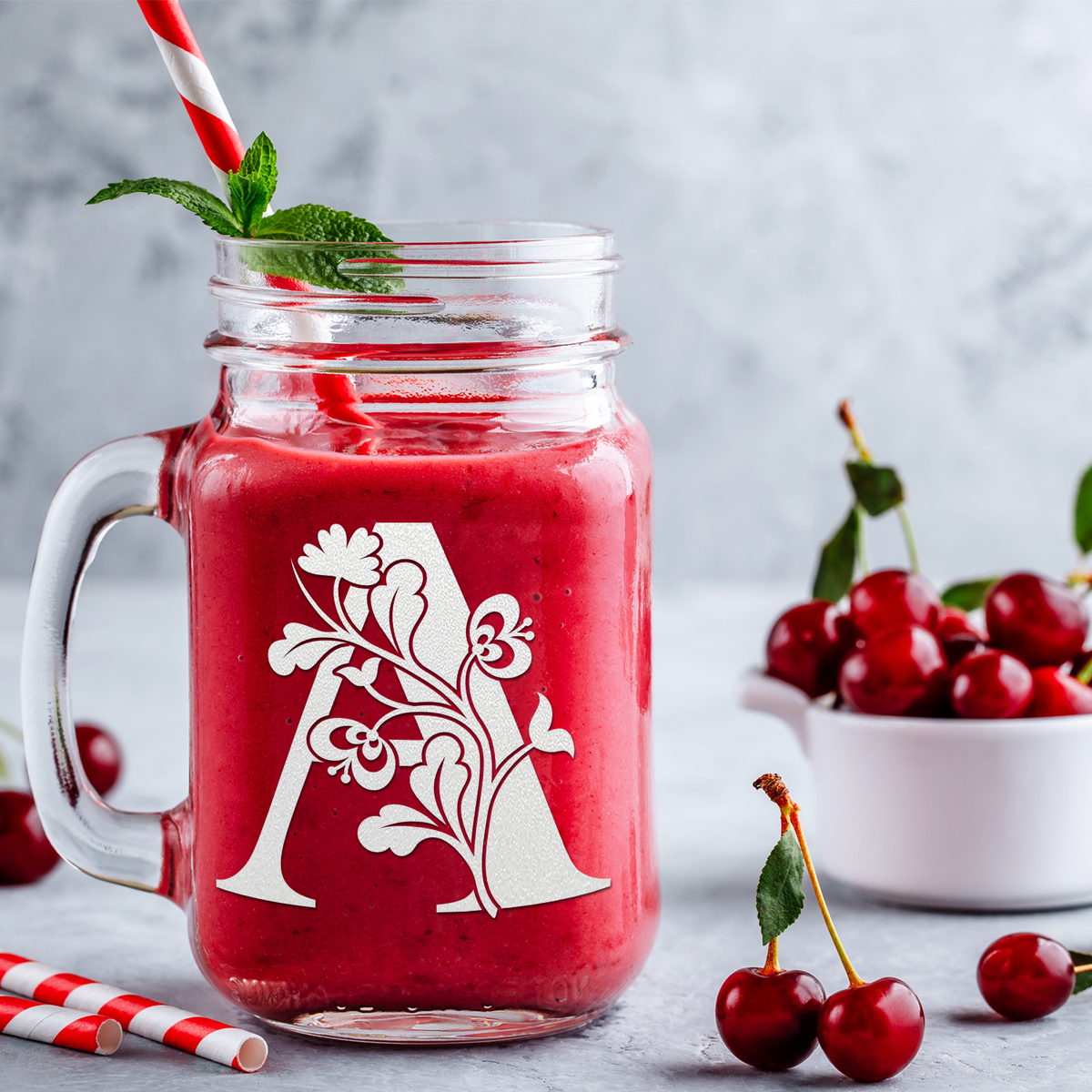  Monogram Blooming Floral Initial Letter A Etched on 16 oz Mason Jar Glass