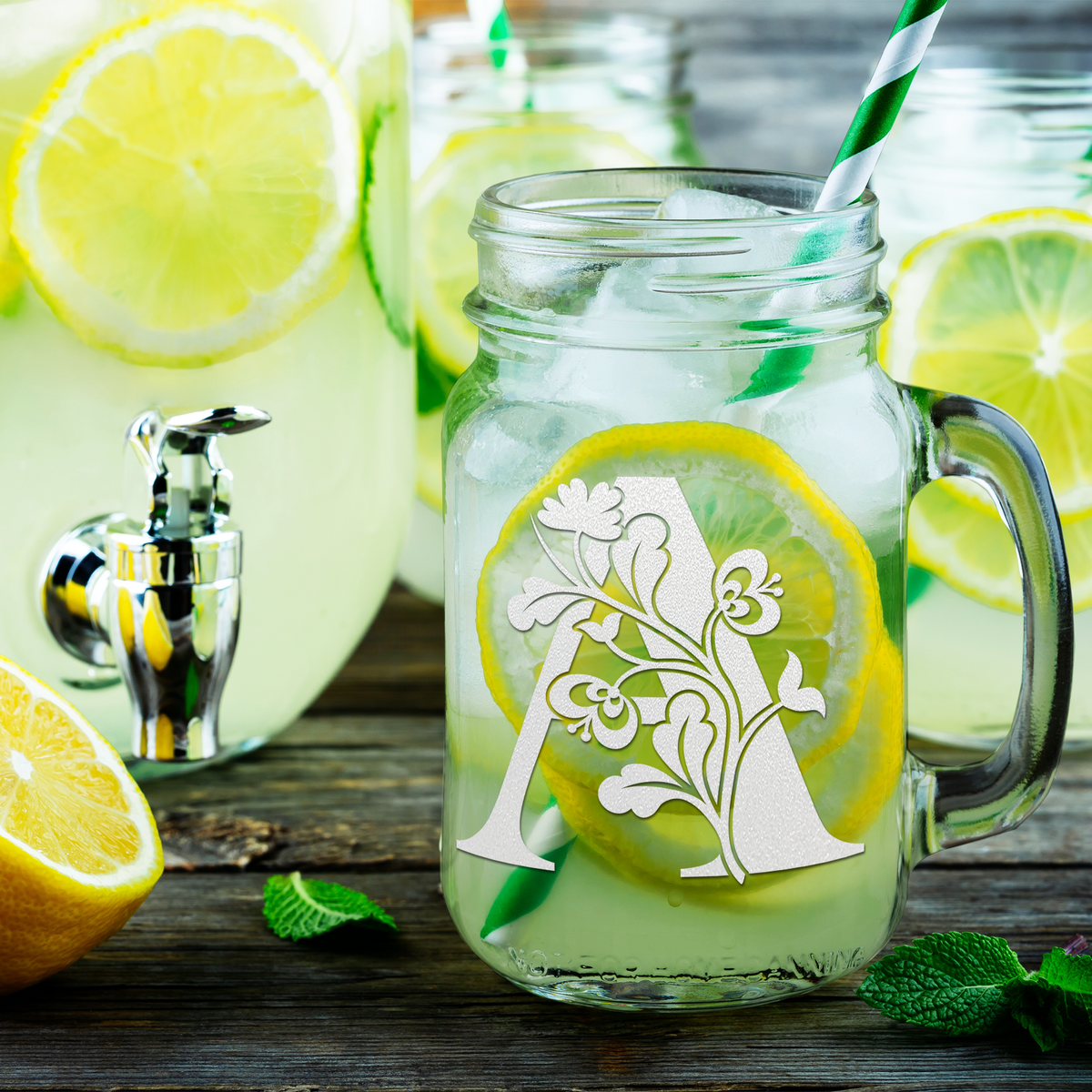  Monogram Blooming Floral Initial Letter A Etched on 16 oz Mason Jar Glass