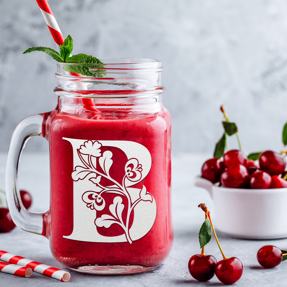  Monogram Blooming Floral Initial Letter B Etched on 16 oz Mason Jar Glass