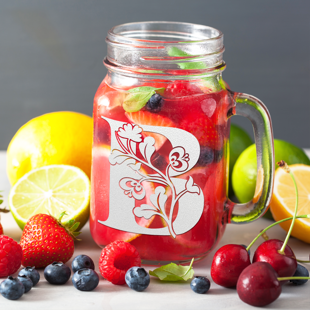  Monogram Blooming Floral Initial Letter B Etched on 16 oz Mason Jar Glass