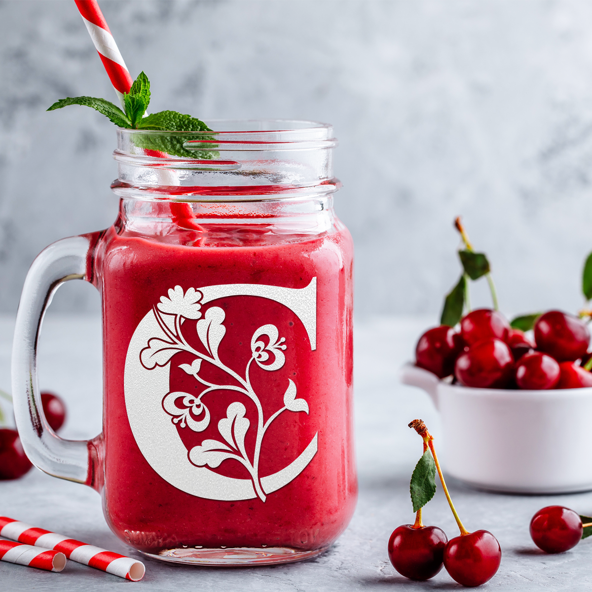  Monogram Blooming Floral Initial Letter C Etched on 16 oz Mason Jar Glass